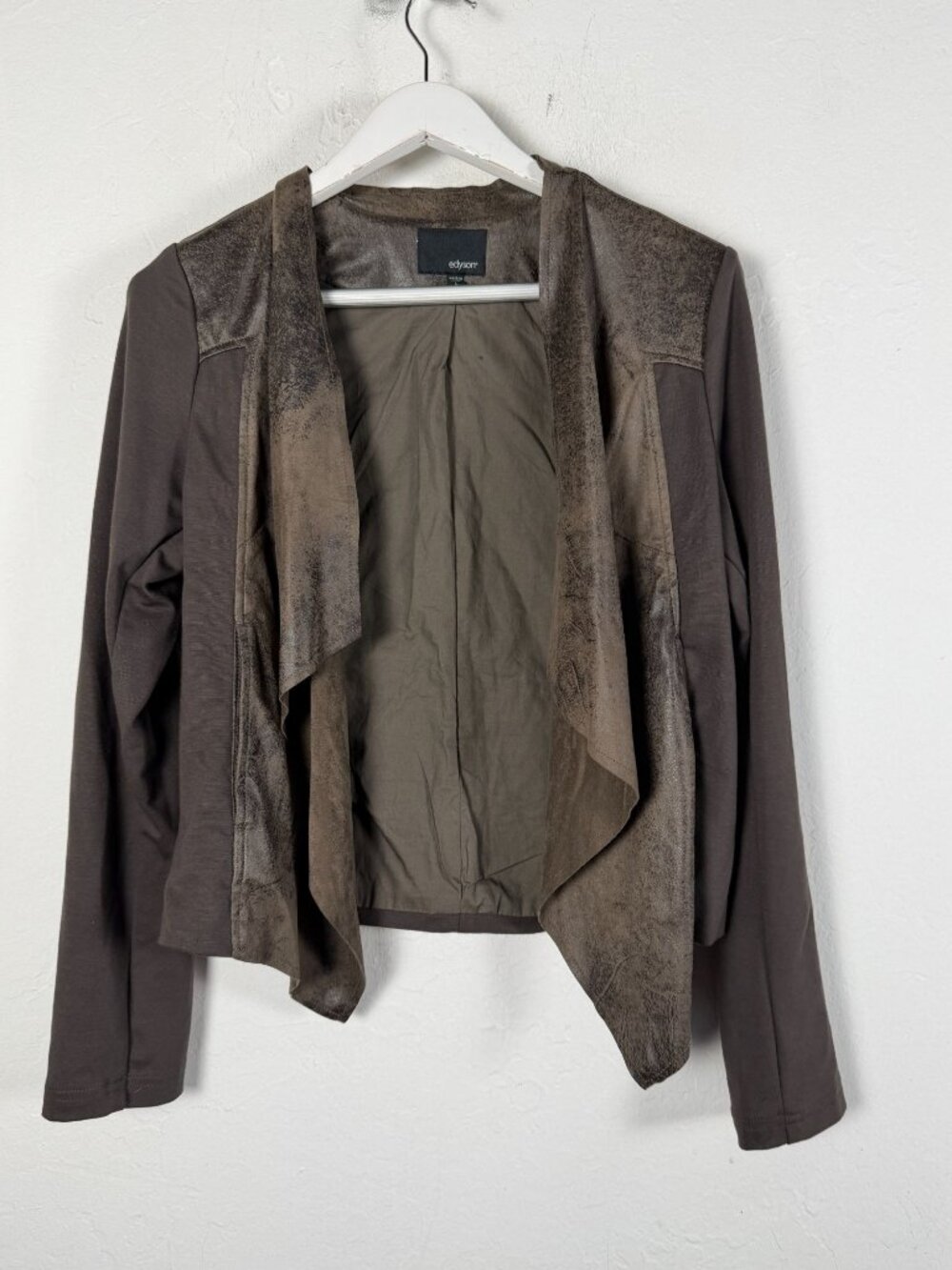 Edyson Waterfall Cardigan Jacket Faux Suede Trim Olive Brown Open Front Large